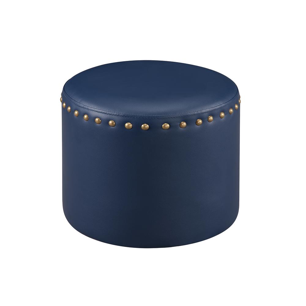 Blue Nailhead Trim Faux Leather Round Ottoman Blue Nailhead Trim Faux Leather Round Ottoman