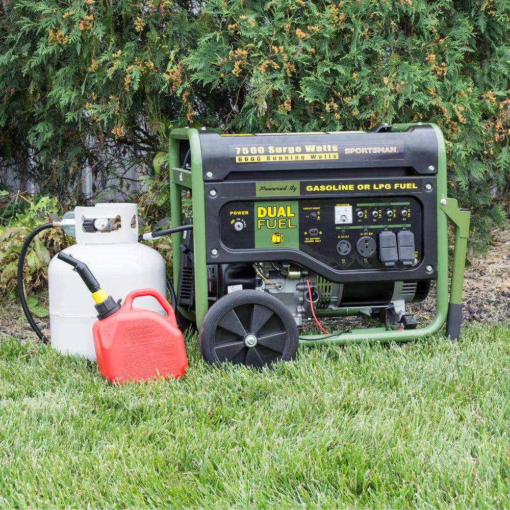 sportsman 7 500 6 000 watt dual fuel powered portable generator with electric start and runs on lpg or regular gasoline gen7500df the home depot sportsman generators