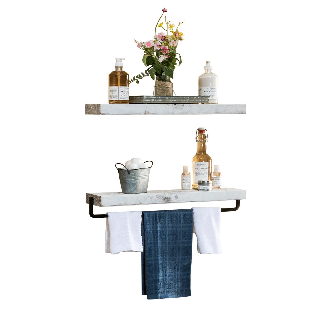 Del Hutson Designs True Floating 5 In X 24 White Pine Wood Decorative Wall Shelf And Towel Bar Set With Brackets Dhd2022wh The Home Depot Decorative Wall Shelf And Towel Bar