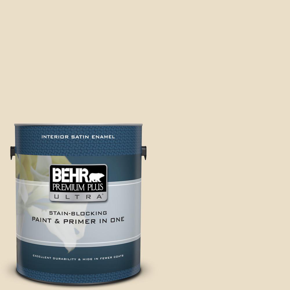 BEHR Premium Plus Ultra 1 gal. 710C2 Raffia Cream Satin Enamel Interior Paint and Primer in