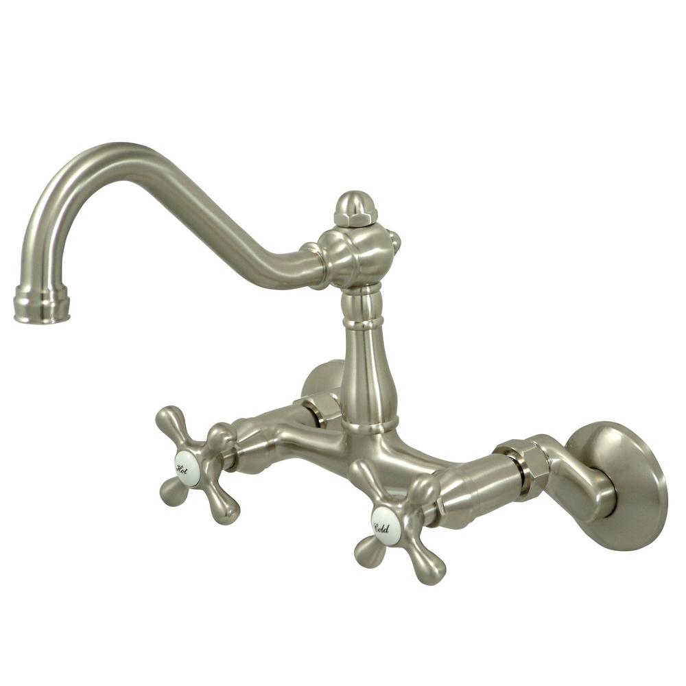 Kingston Brass Vintage 2 Handle Wall Mount Standard Kitchen Faucet In Brushed