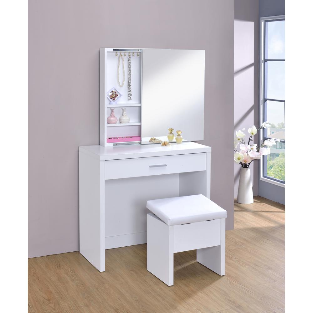 Coaster Home Furnishings 2 Piece Vanity Set With Hidden Mirror Storage And Lift Top Stool White 300290ii The Home Depot