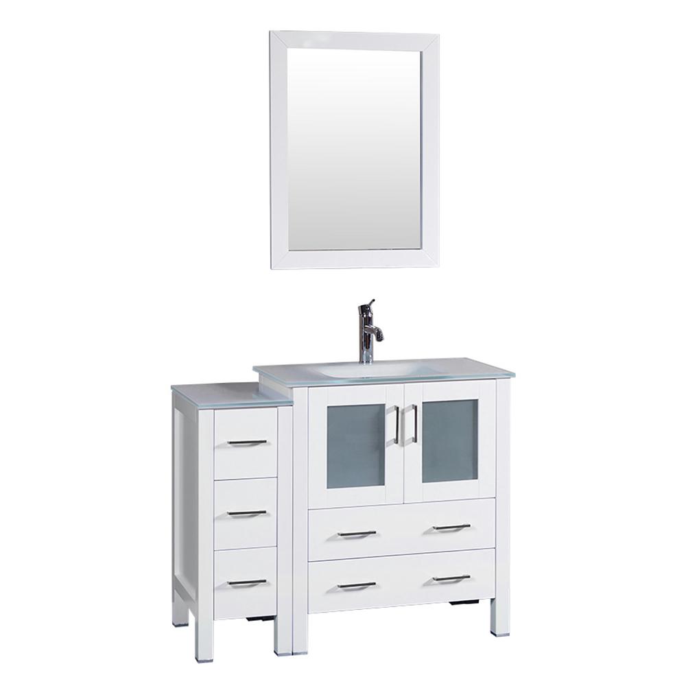 Bosconi 42 In W Single Bath Vanity White With Tempered Glass Top Basin And Mirror