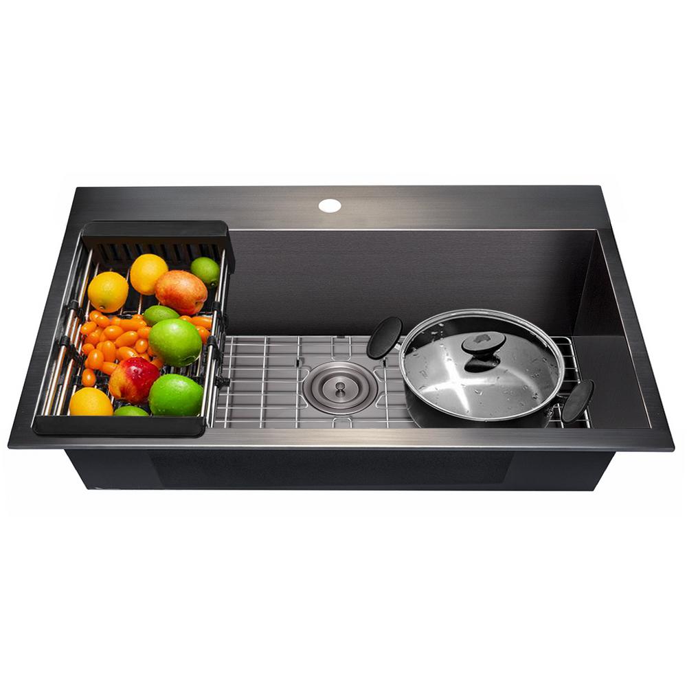 Akdy Matte Black Finish Stainless Steel 33 In X 22 In Single Bowl Drop In Kitchen Sink With Accessories Ks0520 The Home Depot