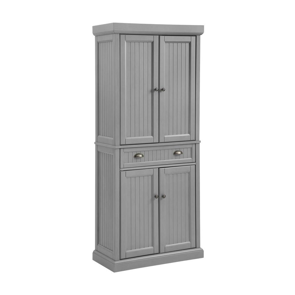 Crosley Seaside Pantry Distressed Gray: Traditional Style Kitchen Hutch, 4-Door Storage Cabinet with Adjustable Shelves