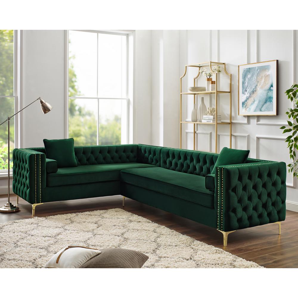 Inspired Home Olivia Hunter Green/Silver Velvet Left Facing Corner Sofa