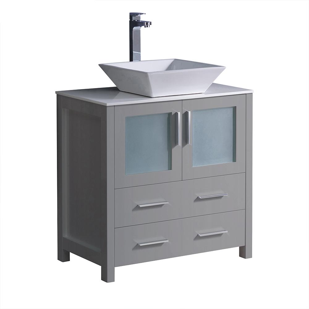 Fresca Torino 30 In Bath Vanity In Gray With Glass Stone Vanity Top In White With White Vessel Sink