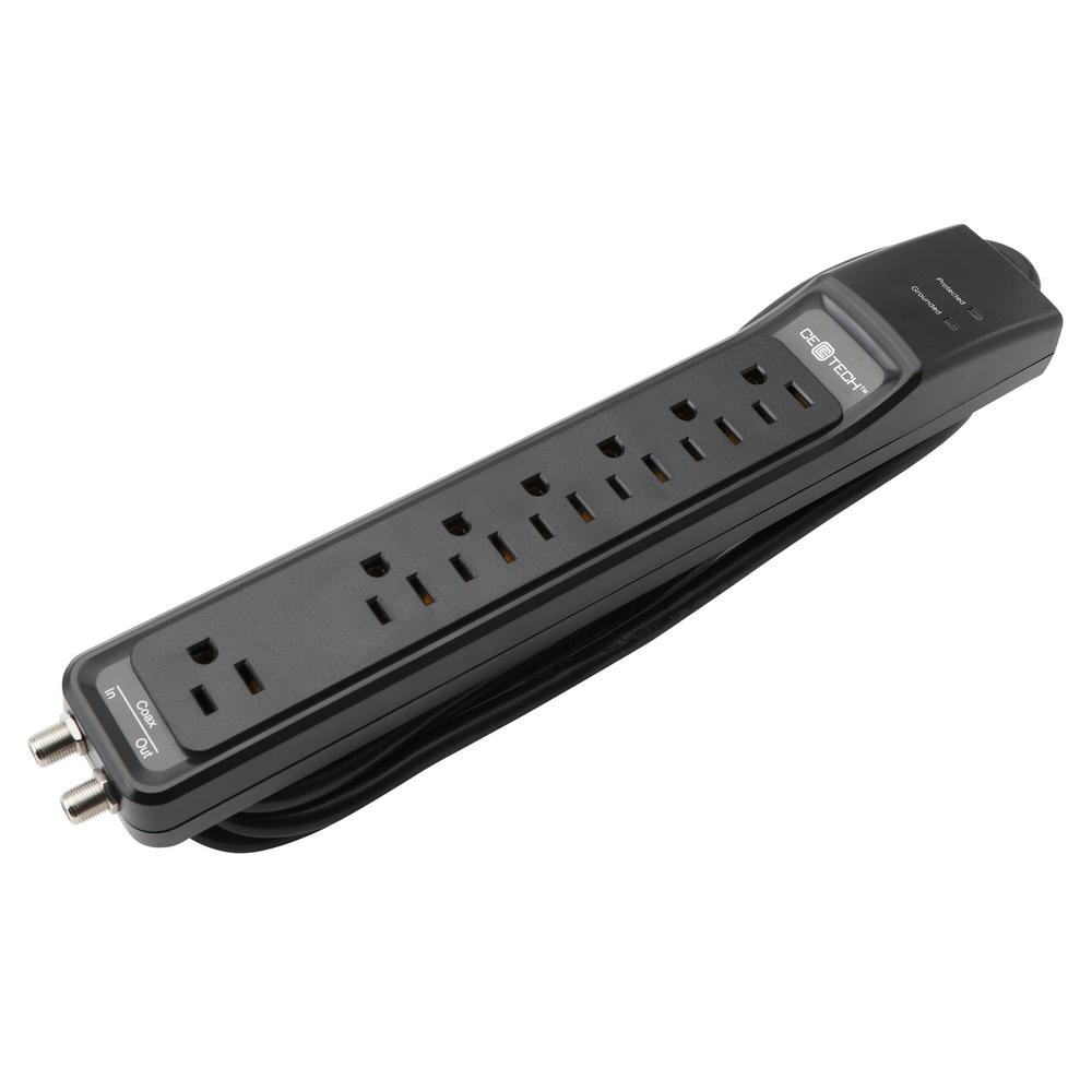 Black 7Outlet Coax Surge Protector W/6 ft. Cord Heavy Duty Power Strip