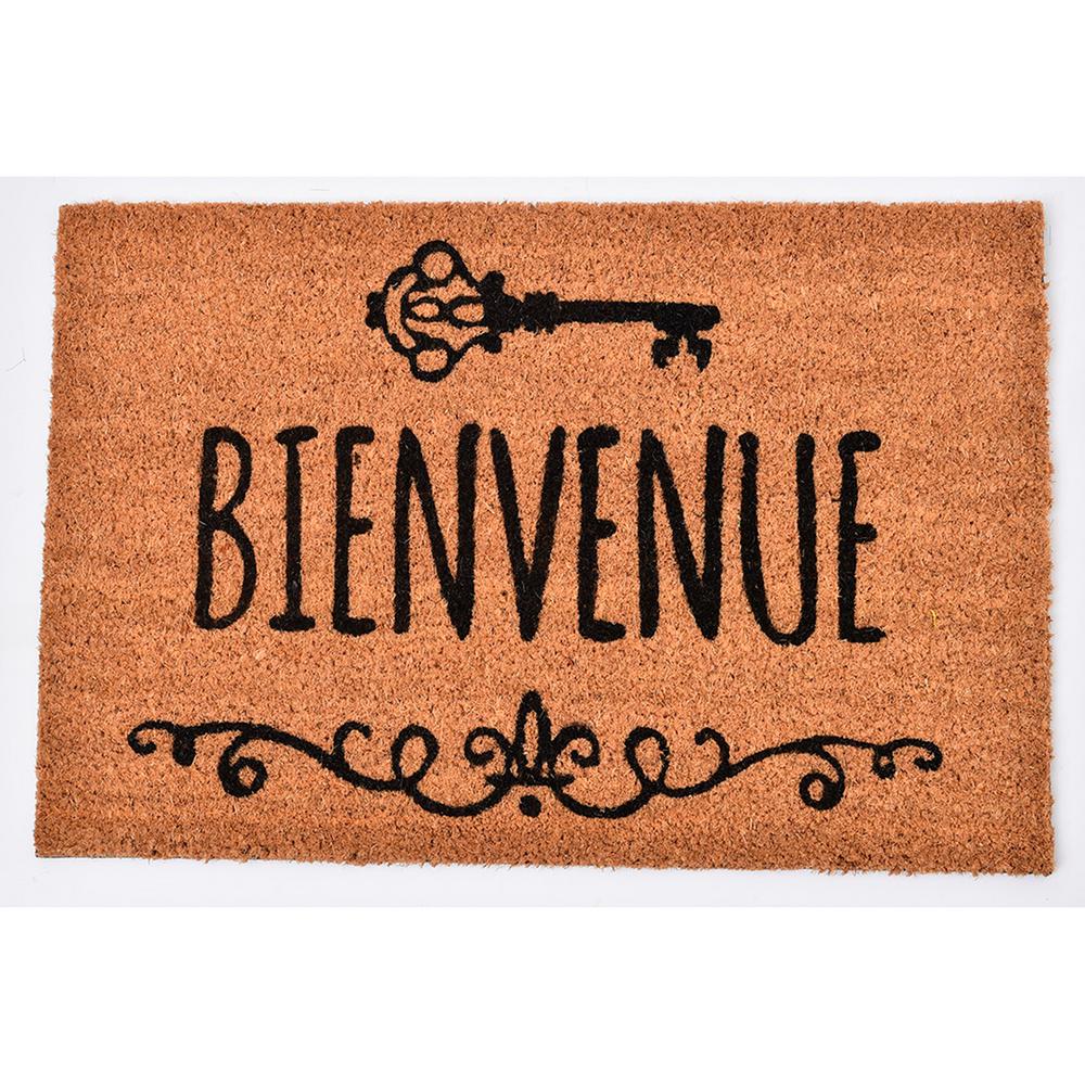 Evideco 16 In X 24 In Natural Sheltered Printed Front Door Mat Bienvenu Coir Coco Fibers