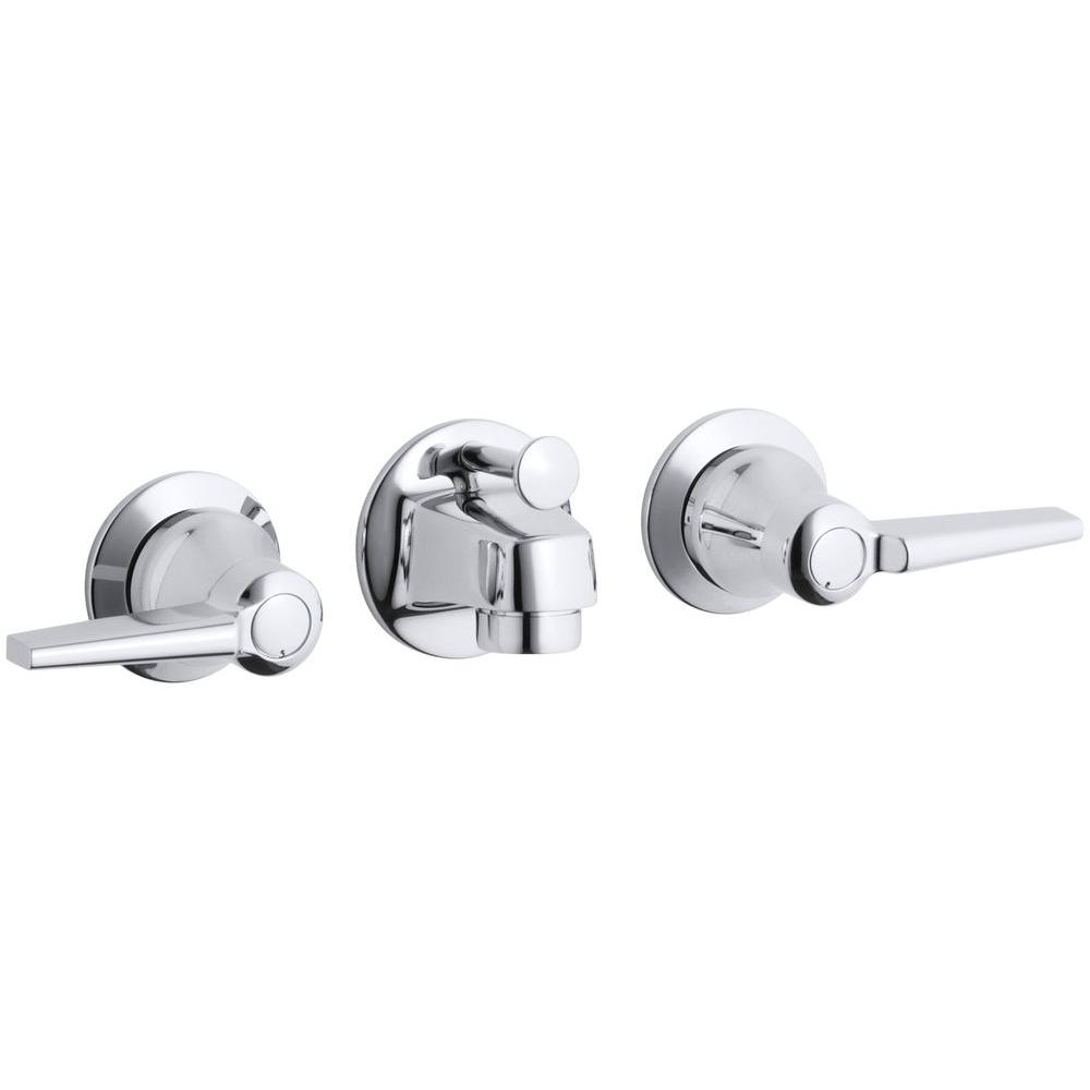 Kohler Triton Shelf Back 2 Handle Wall Mount Commercial Bathroom Faucet With Pop Up Drain And Lever Handles In Polished Chrome