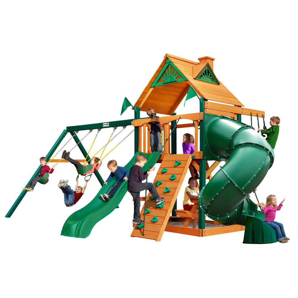 Mountaineer Wooden Playset With Timber Shield Posts 2 Slides And Rock Climbing Wall