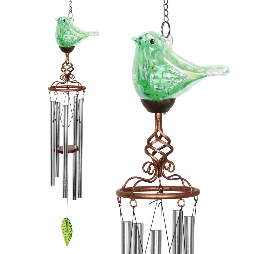 Exhart Solar Green Bird Glass Wind Chimes15584RS The Home Depot