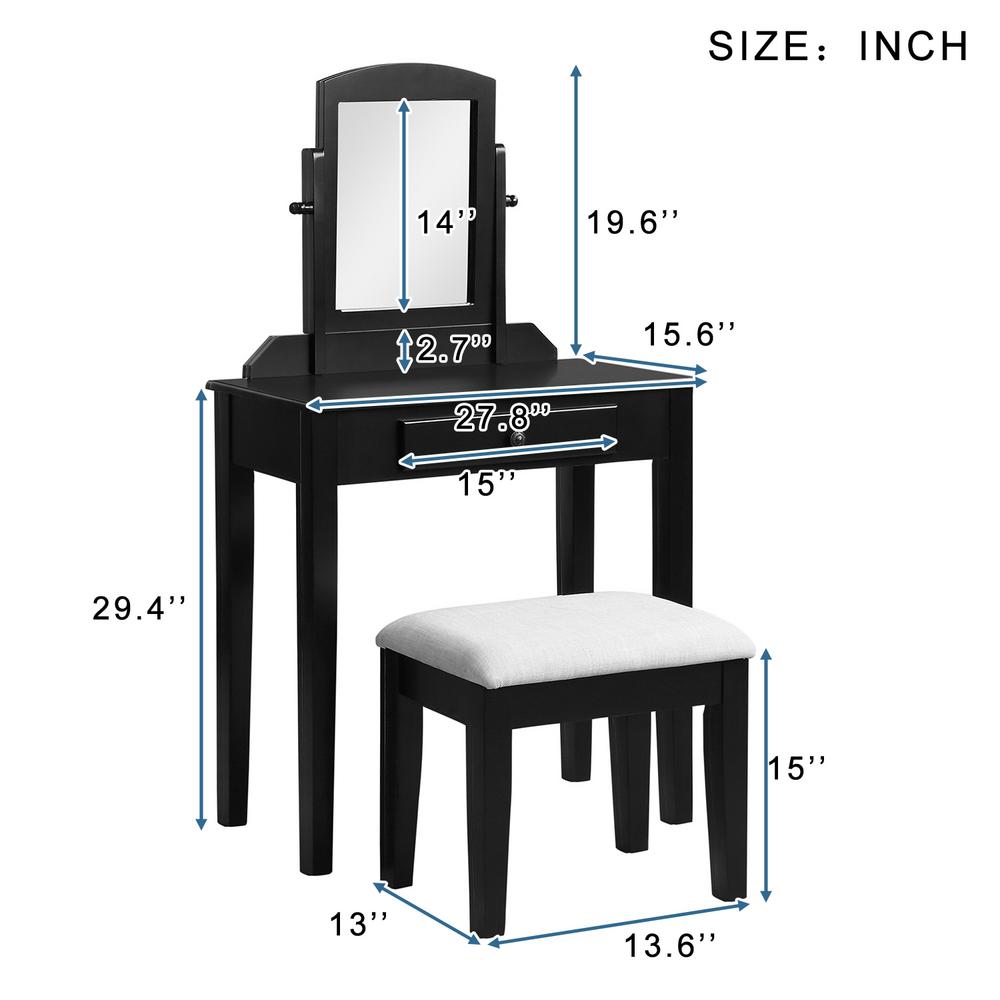 Harper Bright Designs Black Vintage Vanity Set With Mirror Black Vintage Vanity Set With Mirror And Cushioned Stool