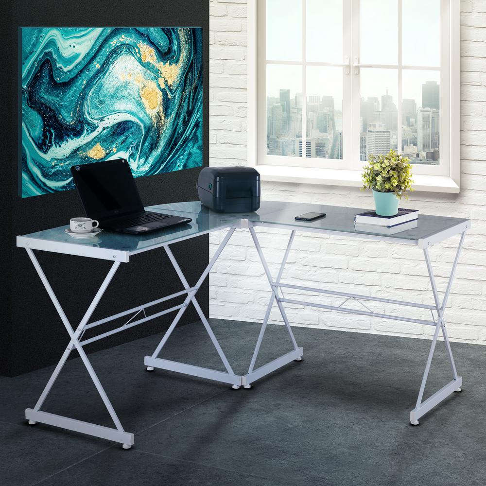 Techni Mobili White L Shaped Glass Computer Desk Rta 3805l
