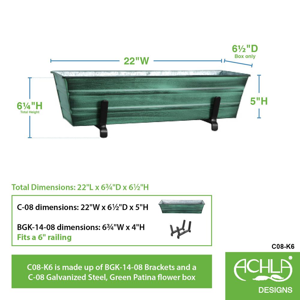 Achla Designs C08 K6 Small Green Flower 2 X 6 Railings Window Box And Brackets Gardening Kolenik Pots Planters Container Accessories