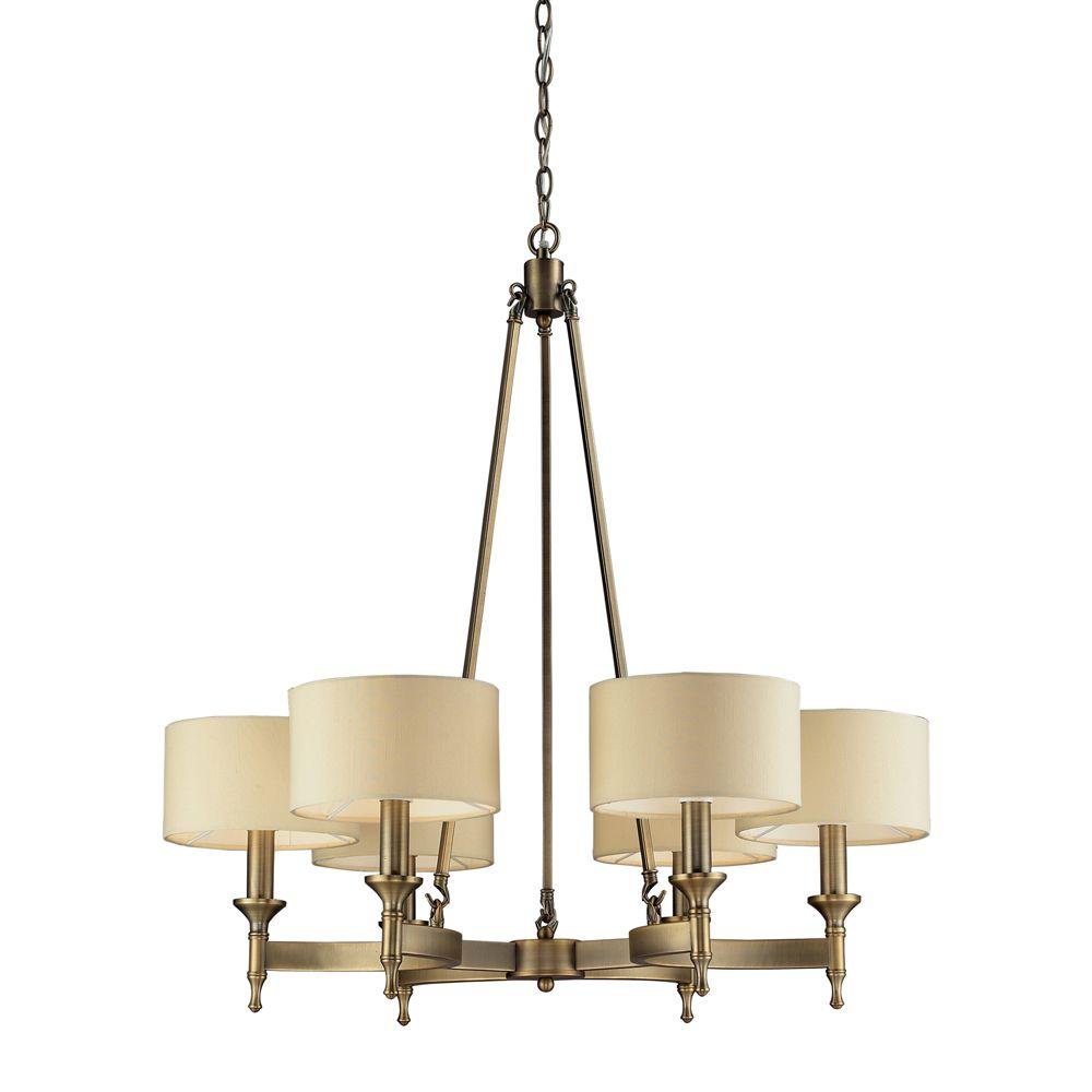 Titan Lighting Pembroke 6 Light Antique Brass Chandelier With Light Tan Fabric Shades