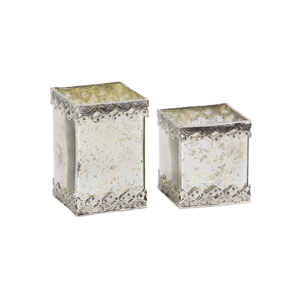 Litton Lane White Cuboid Glass Candle Holders with Silver Ornate ...