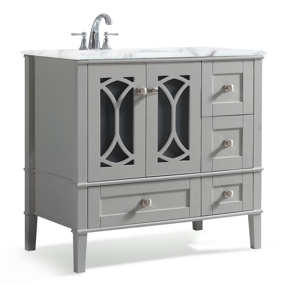 Simpli Home Paige 36 in. Left Offset Bath Vanity in Warm Grey with 