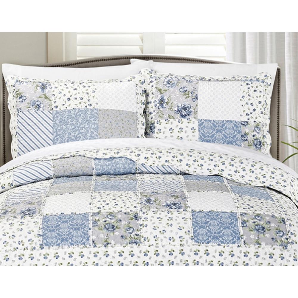 Morgan Home Brenna 3 Piece Blue Full Queen Floral Patchwork Quilt