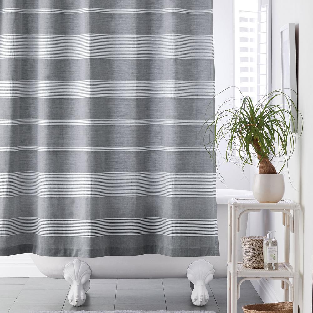 The Company Store Chambray Stripe 72 In Cotton Shower Curtain In