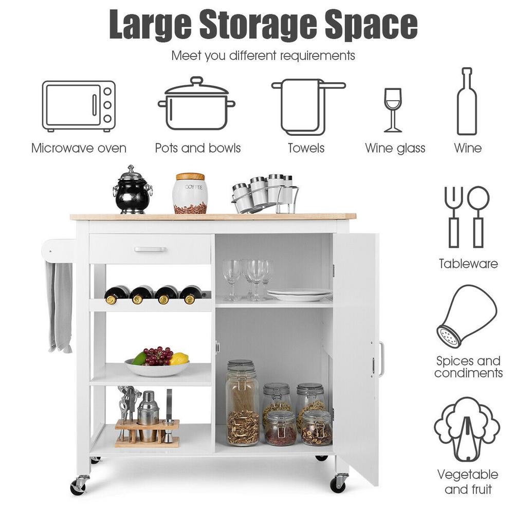 Costway White Kitchen Island Trolley Cart Wood Top Storage Cabinet