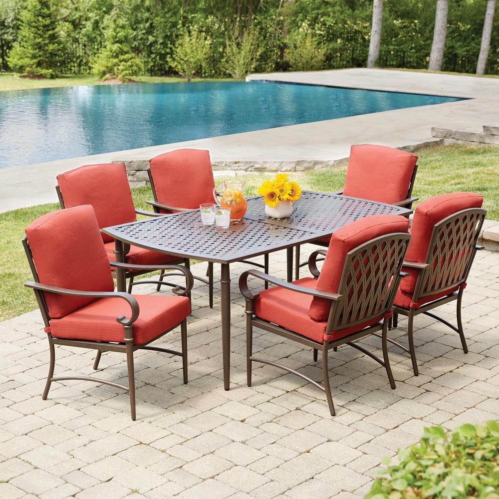 Oak Cliff 7-Piece Metal Outdoor Dining Set with 6 Stationary Chairs and Chili Cushions