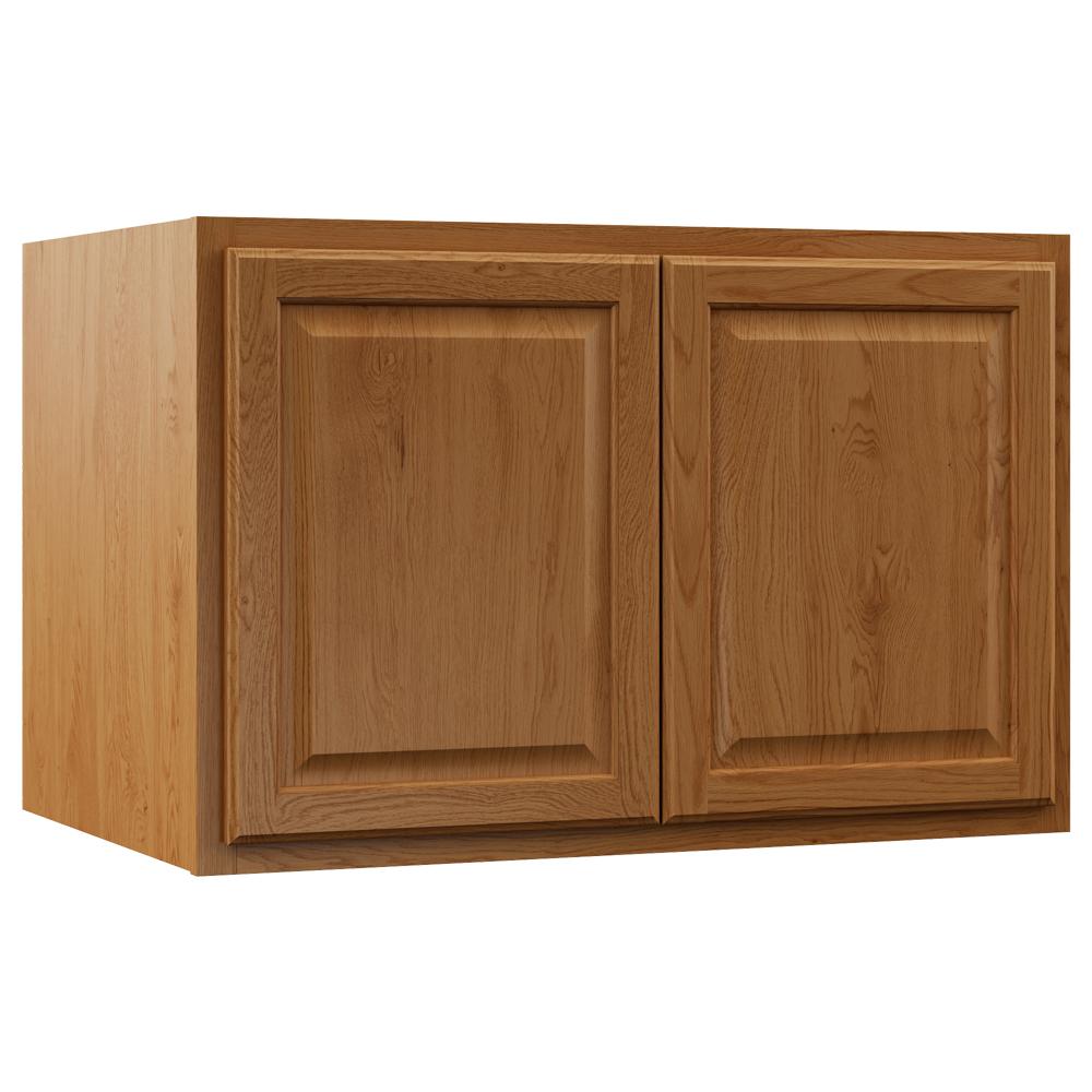 Hampton Bay Hampton Assembled 36x24x24 In Above Refrigerator Deep Wall Bridge Kitchen Cabinet In Medium Oak Kw362424 Mo The Home Depot