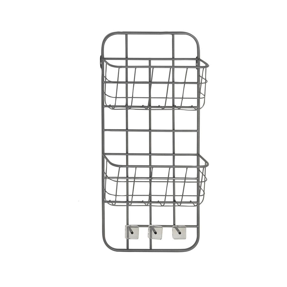 Litton Lane Gray Iron 2 Tiered Wall Mounted Basket Rack With Hooks 45848 The Home Depot