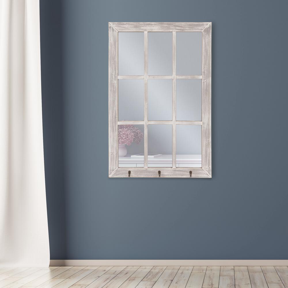 Pinnacle Windowpane With Hooks Rectangular White Decorative Mirror