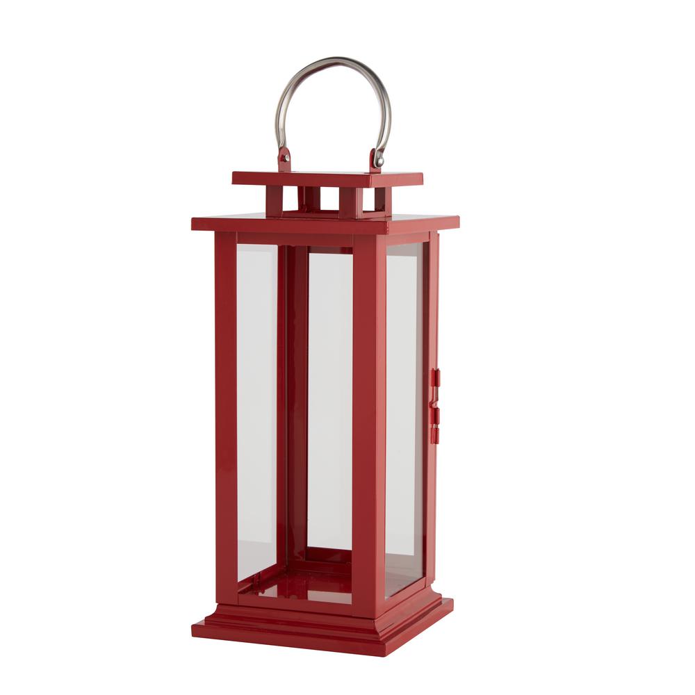 15.35 in. H Ruby Red Metal and Glass Lantern