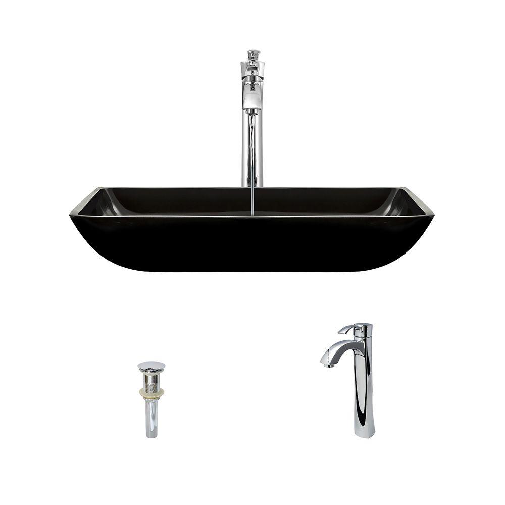 MR Direct Glass Vessel Sink In Black With 726 Faucet And Pop Up