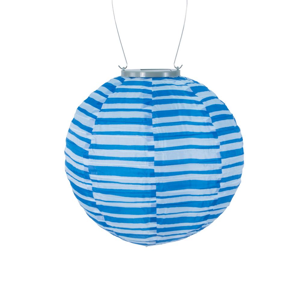 Blue Outdoor Lanterns Ceiling Lighting Blue White Stripe Round Integrated Led Hanging Outdoor Nylon Solar Lantern
