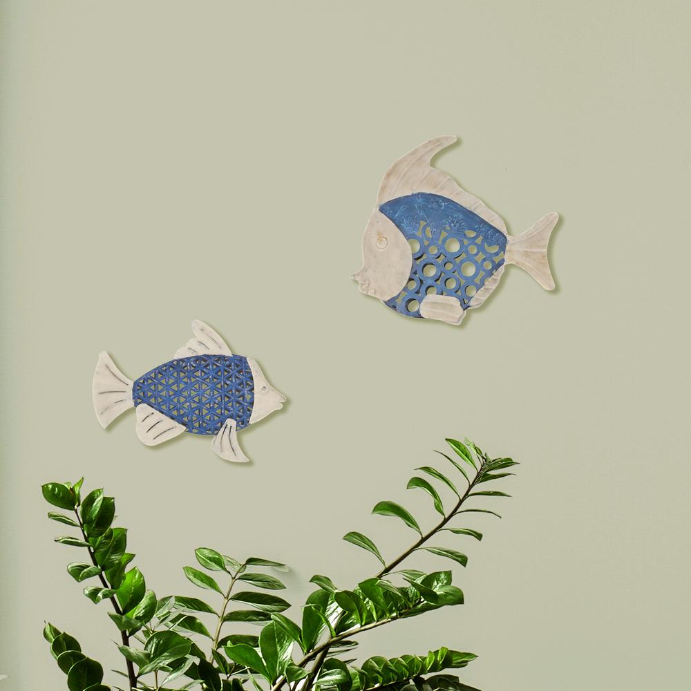White And Blue Fish Metal Work Wall Decor Set Of 2