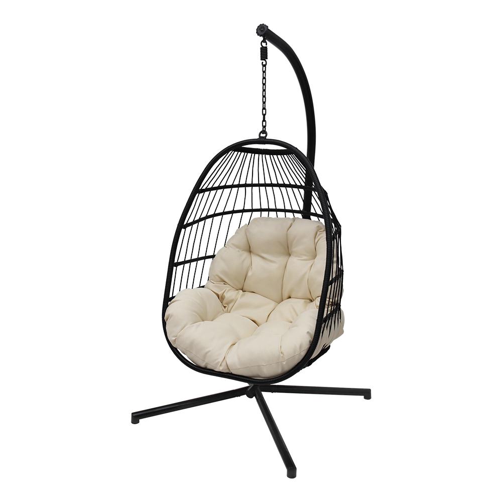 Maypex Wicker Hanging Basket Outdoor Swing Chair with Beige Cushion and
