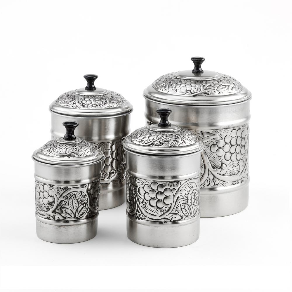 Old Dutch 4 Piece Antique Pewter Embossed Heritage Canister Set