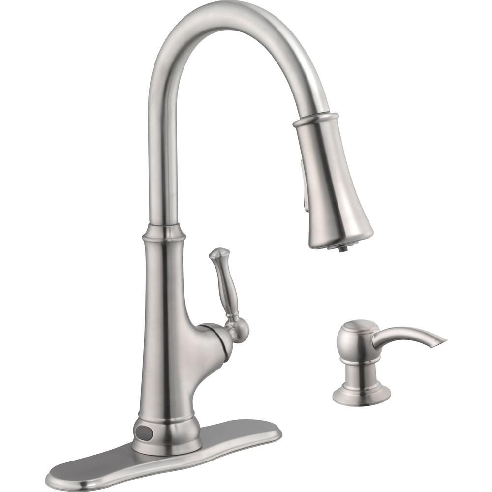 Glacier Bay Touchless Led Single Handle Pull Down Sprayer Kitchen Faucet With Soap Dispenser In Stainless Steel 67536 0508d2 The Home Depot
