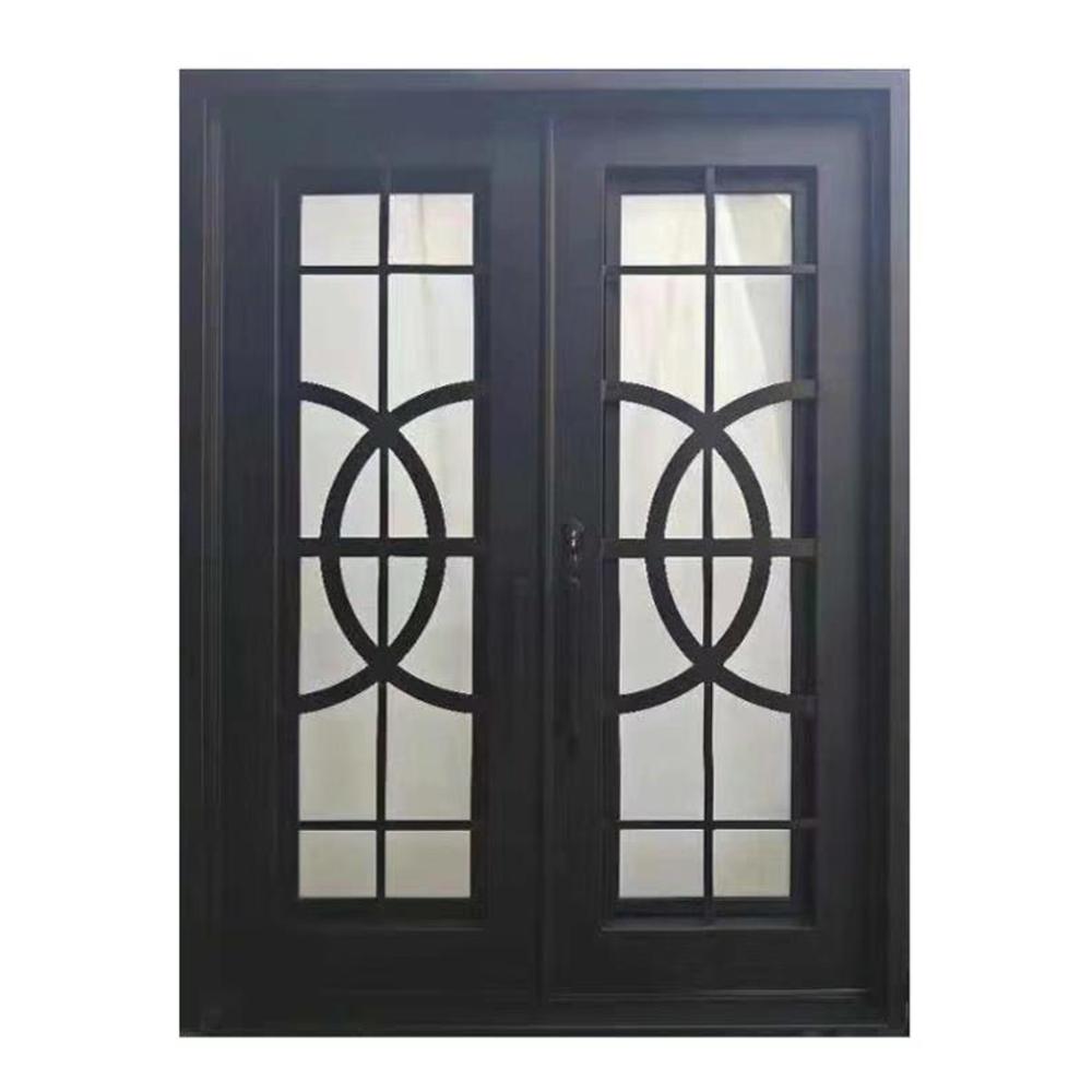 72 In X 96 In Matte Black Right Hand Inswing 2 Lite Tempered Rainstorm Glass Iron Prehung Front Door