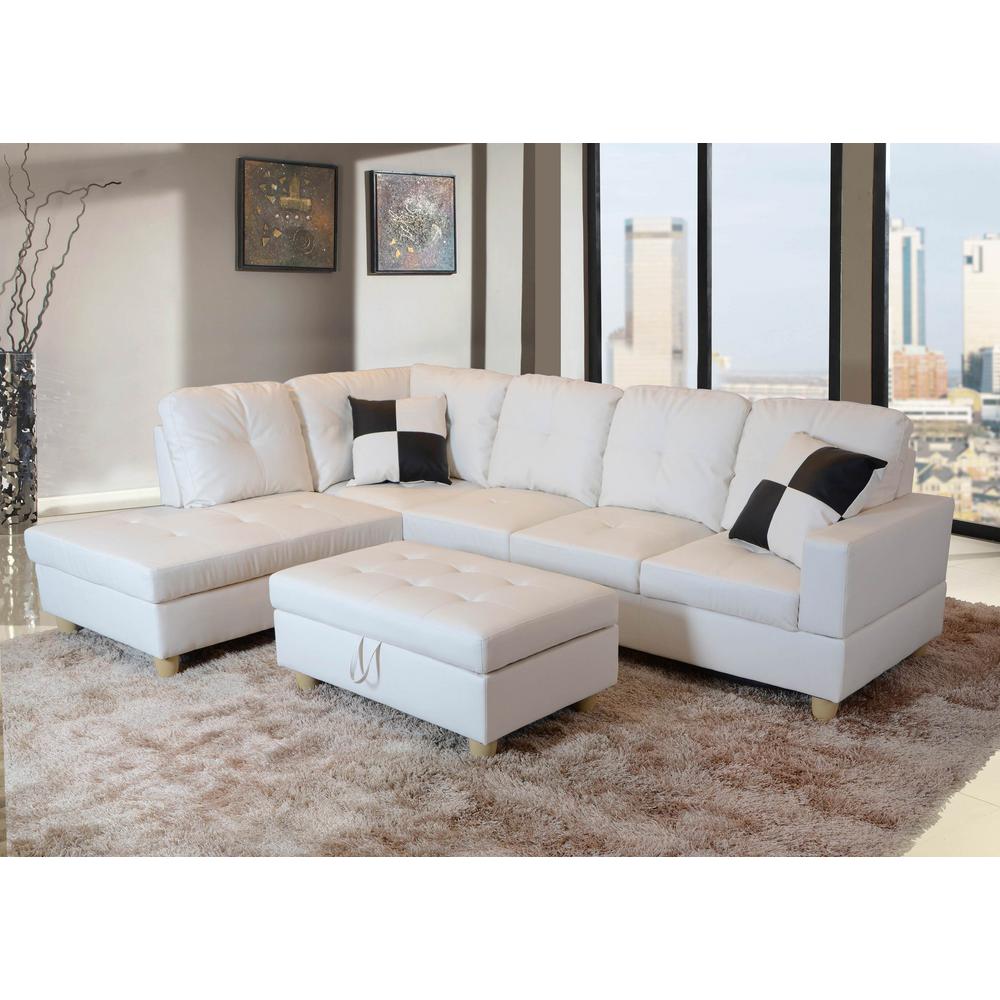 White Faux Leather Left Chaise Sectional With Storage Ottoman