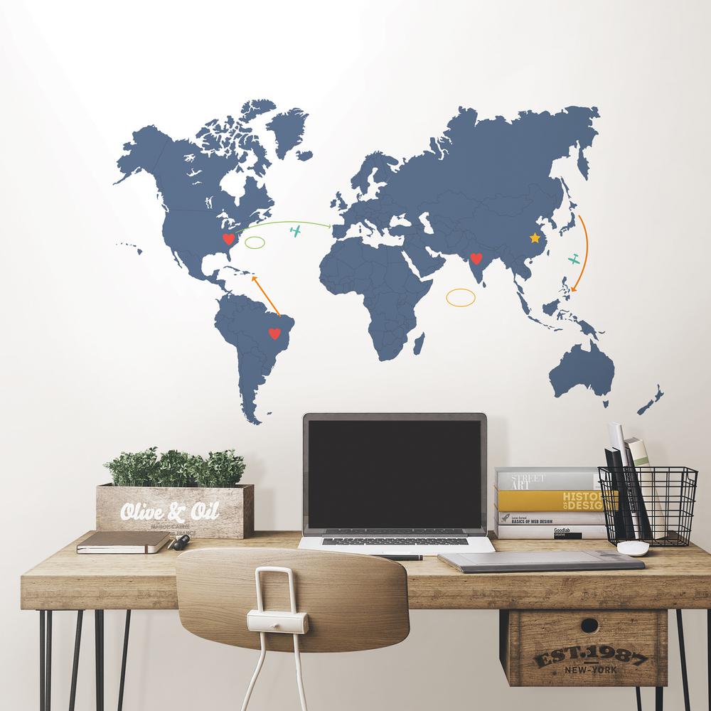 World Map Sticker Wall Art Wall Pops 48 in. x 72 in. Blue Destination World Map Wall Art Kit 