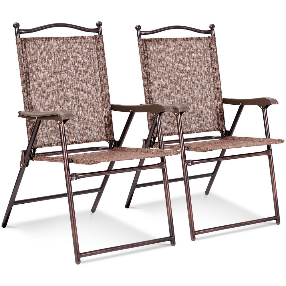 costway brown metal outdoor patio folding beach lawn chair (set of 2