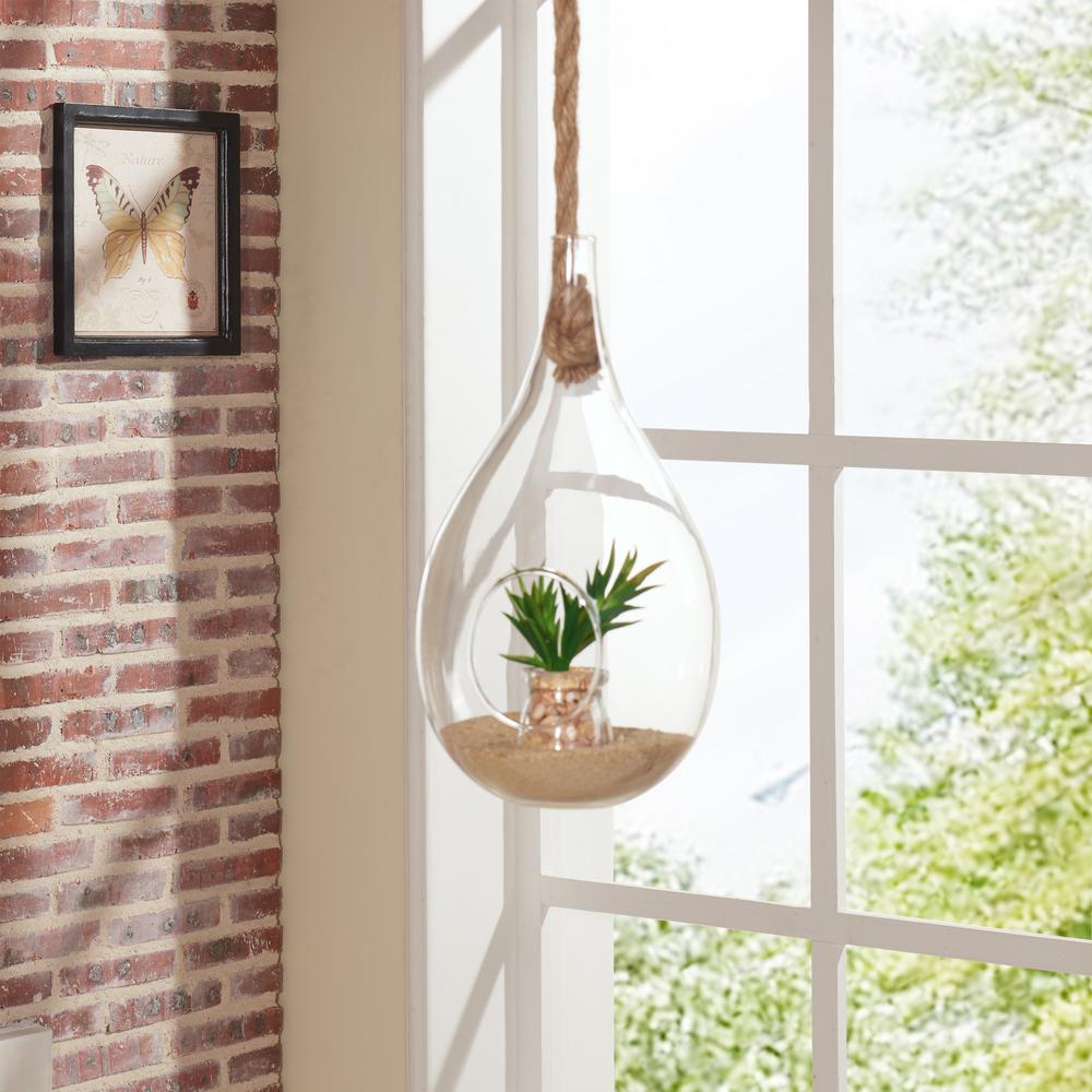 DANYA B Teardrop Clear Glass Hanging Planter with Rope Decorative Vase ...