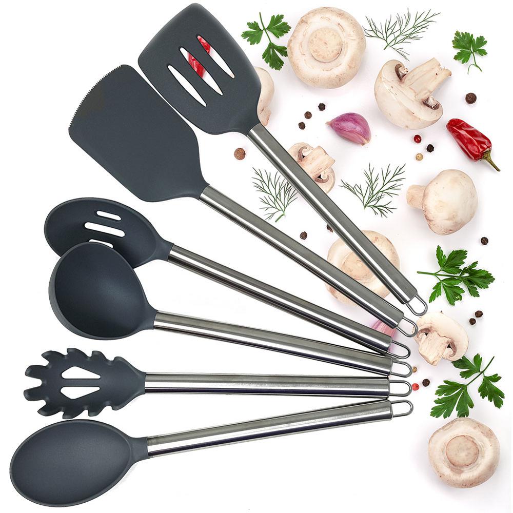 6 Piece Kitchen Gadget Utensils Set In Nylon With Hanging Hole Gray