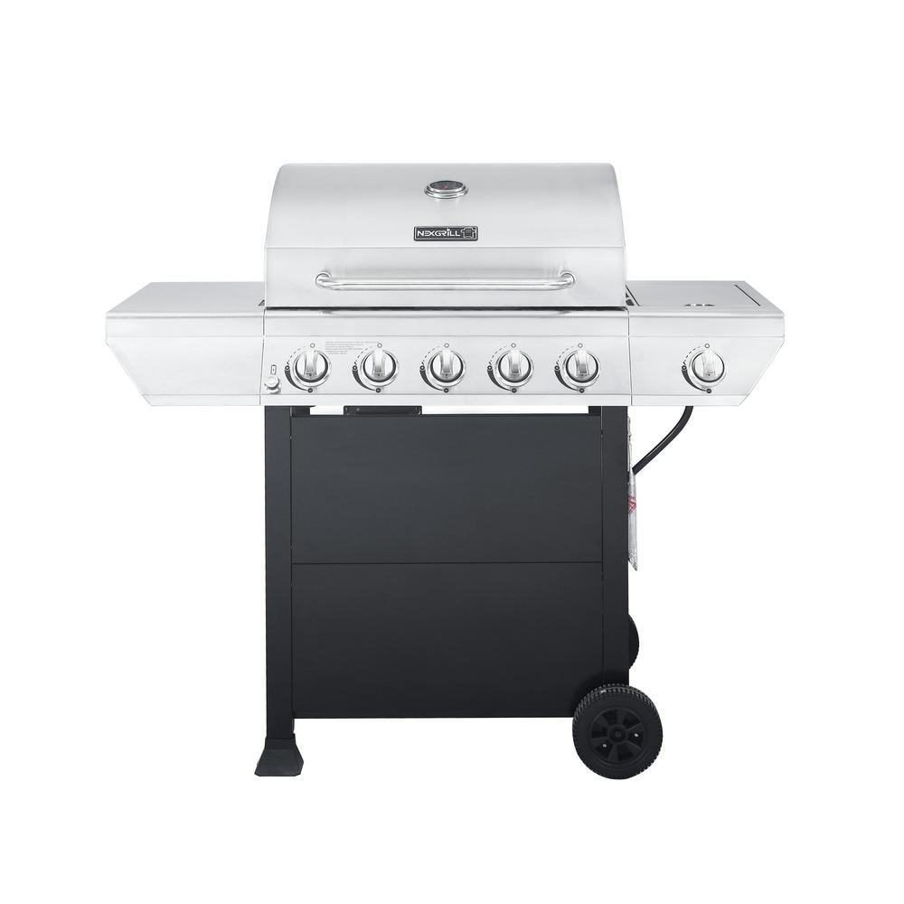 5-Burner Propane Gas Grill in Stainless Steel with Side Burner and Black Cabinet