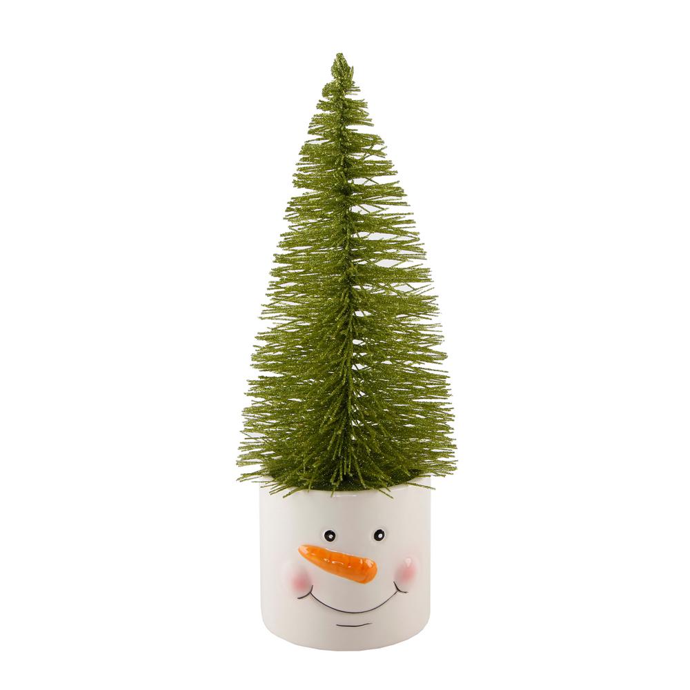 Flora Bunda 10 In H Ceramic Mini Artificial Christmas Trees Snowman Pot In Green Set Of 2 Ch1781e2 Gn The Home Depot