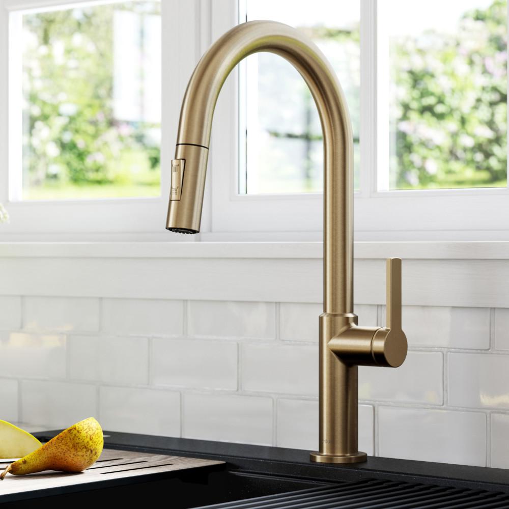 KRAUS Oletto Single-Handle Pull-Down Sprayer Kitchen Faucet in Spot Free Antique Champagne Bronze