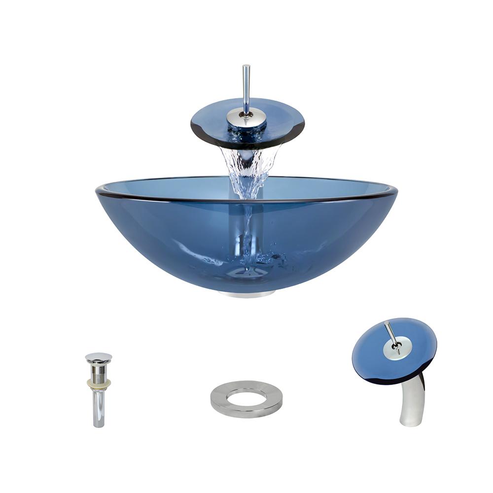 MR Direct Glass Vessel Sink in Aqua with Waterfall Faucet and PopUp
