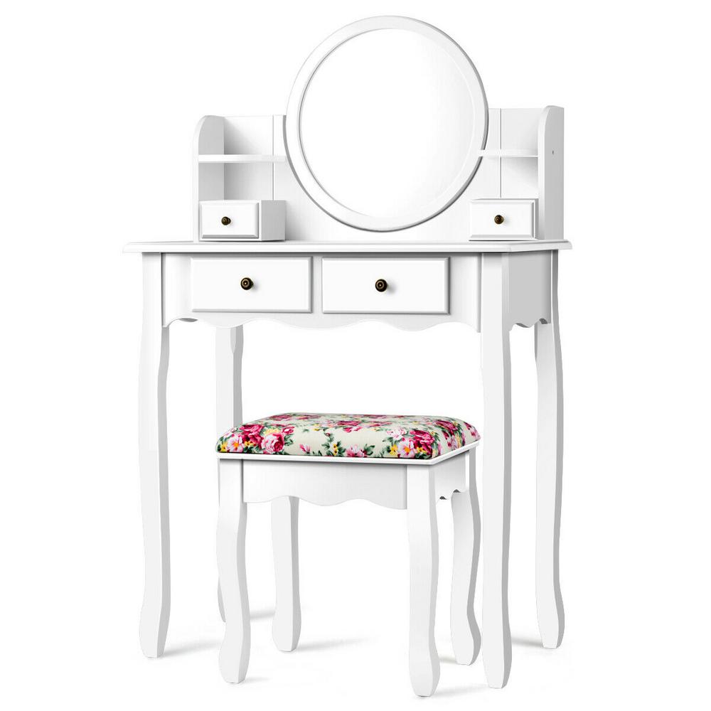 Vanity Table Set With Oval Mirror 4 Drawers Dressing Table Cushioned Stool Desk