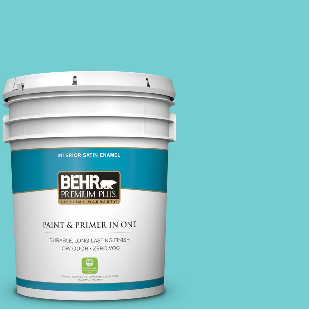 BEHR Premium Plus 5 gal. P4603 Soft Turquoise Satin Enamel Zero VOC Interior Paint and Primer