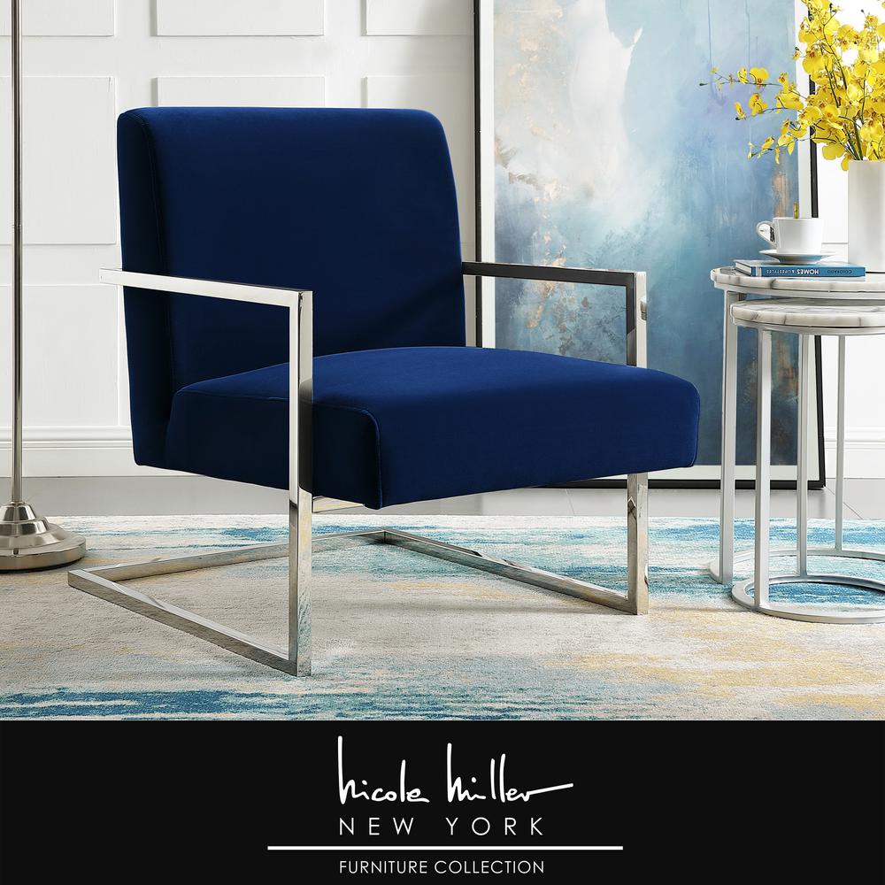 Konnor Navy Chrome Velvet Accent Chair With Square Arm