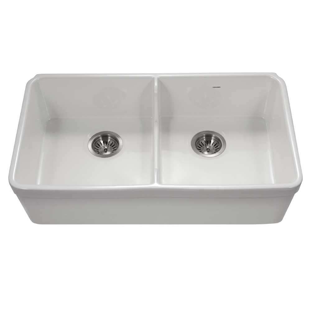 Houzer Platus Undermount Fireclay 32 In 50 50 Double Bowl Kitchen Sink In Biscuit With Low Divide